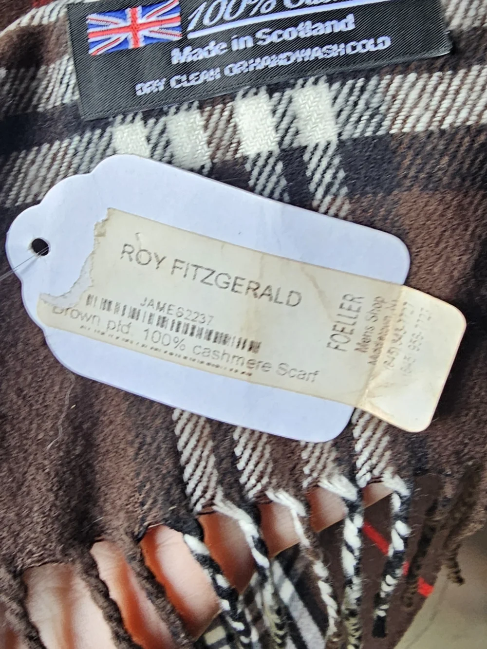 NWT Men's Brown Plaid Scarf with Red and White Accent 100% Cashmere